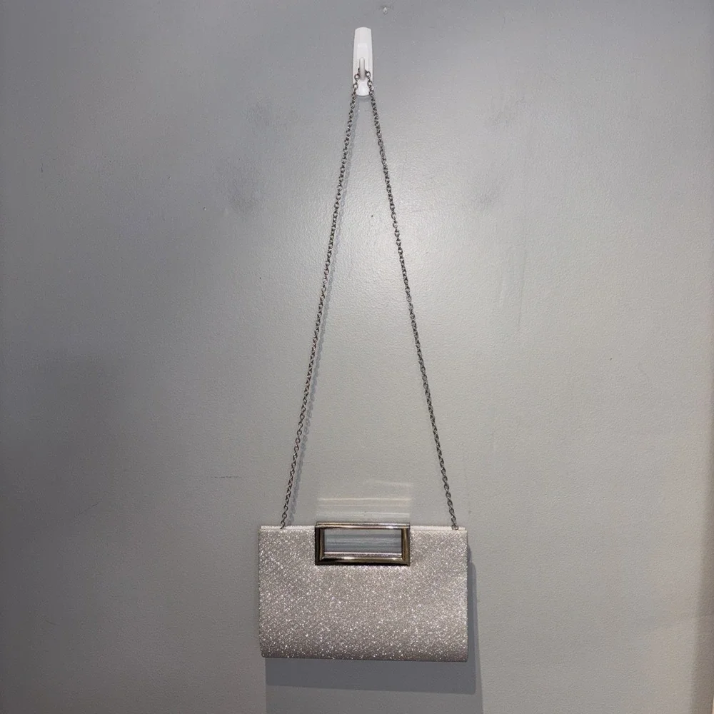 Silver Glitter Evening Bag Clutch Crossbody Silver Chain Prom‎ Formal